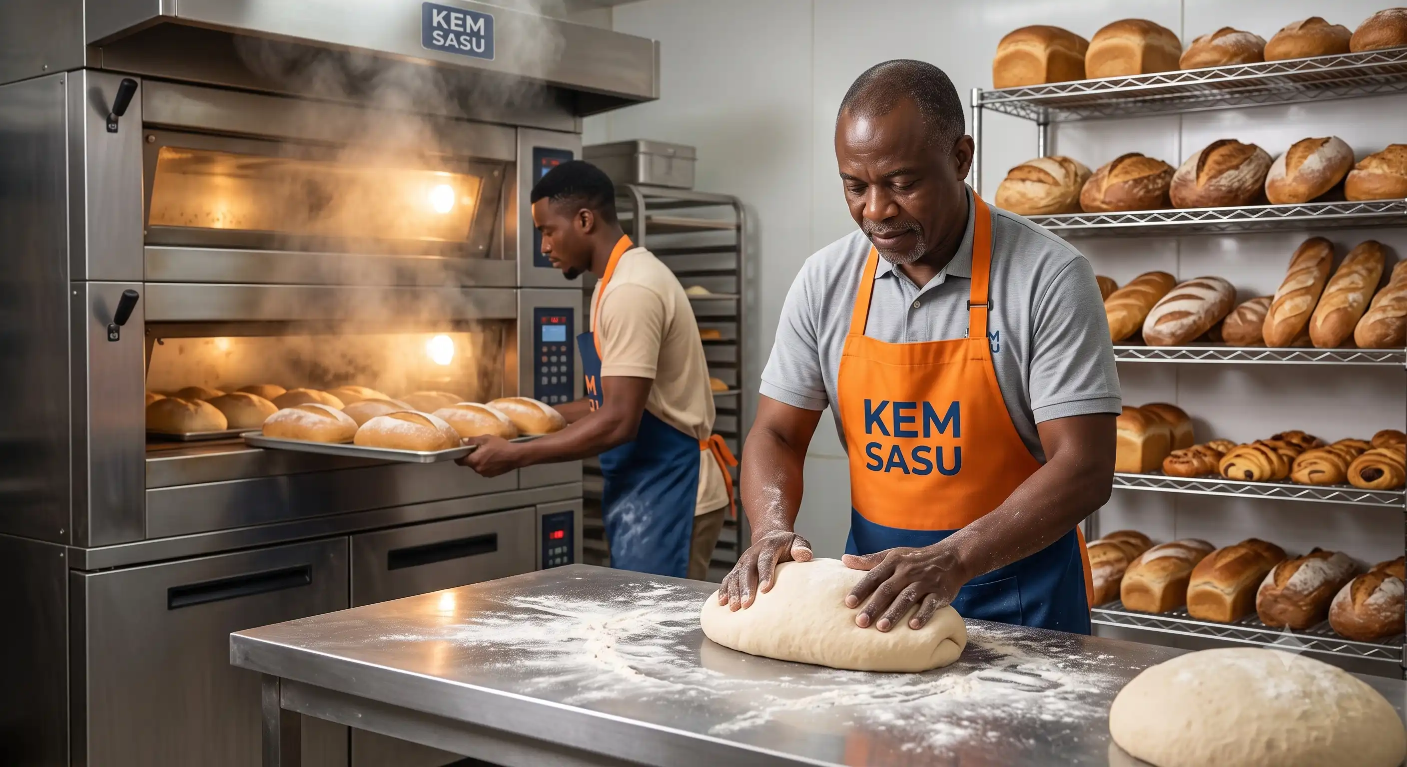 Boulangers préparant du pain dans une boulangerie industrielle KEH SASU