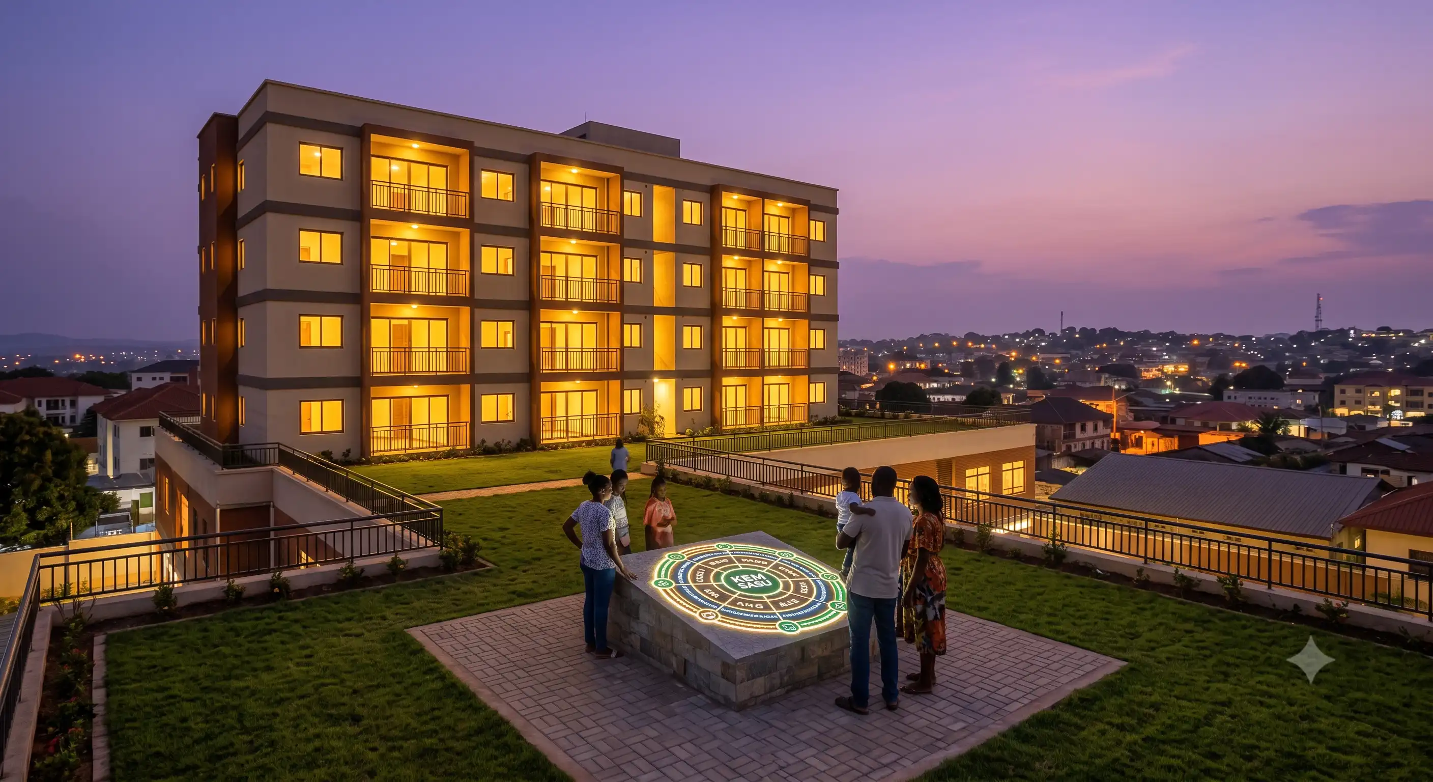 Résidence moderne construite par KEH SASU au crépuscule, Kongo Central