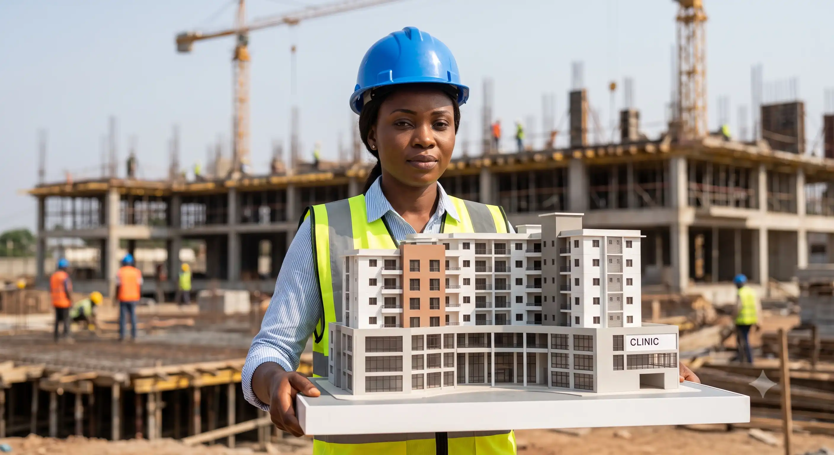 Ingénieure sur un chantier de construction présentant la maquette d'une clinique