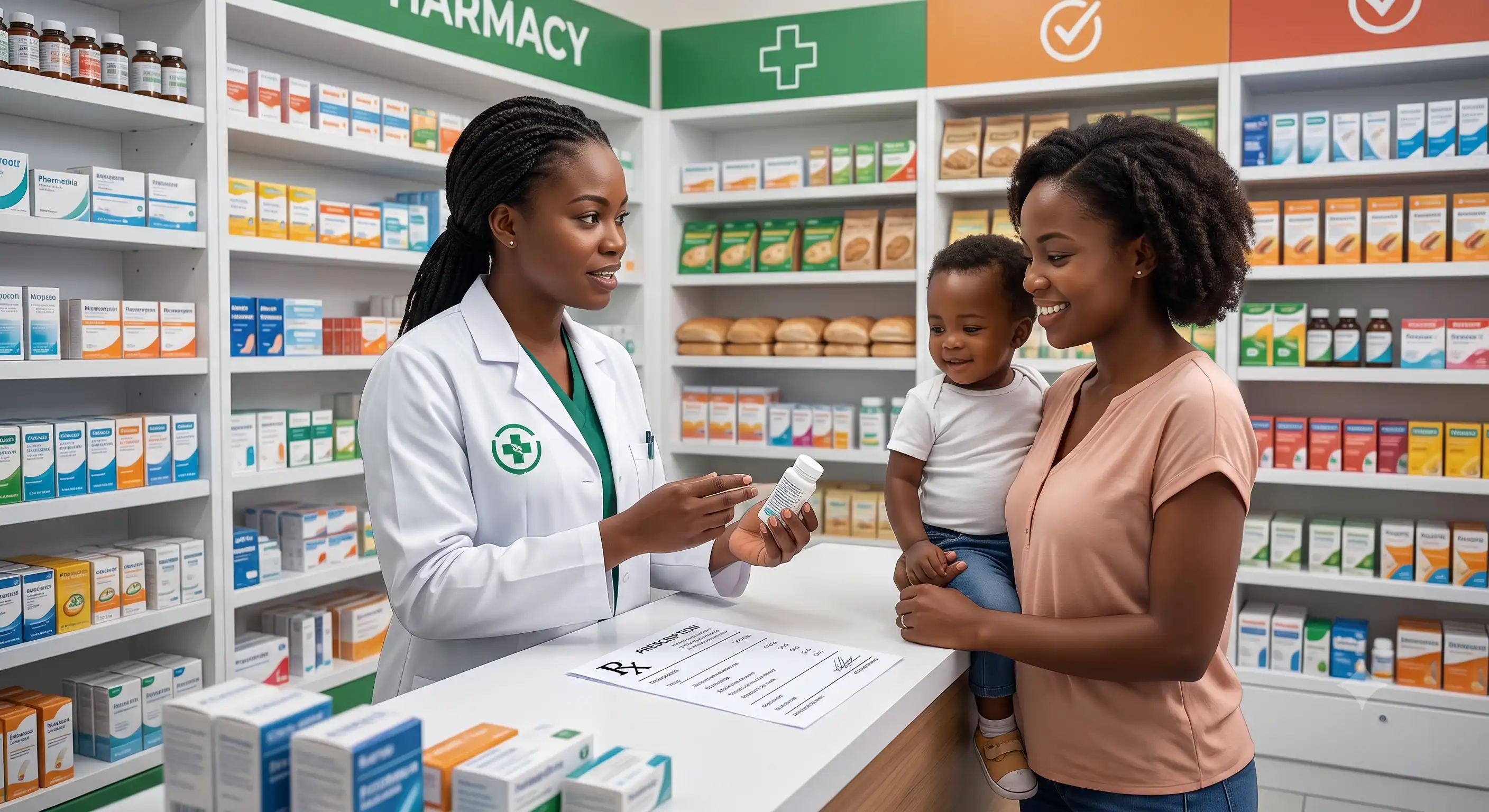 Pharmacienne conseillant une mère et son enfant dans une pharmacie moderne