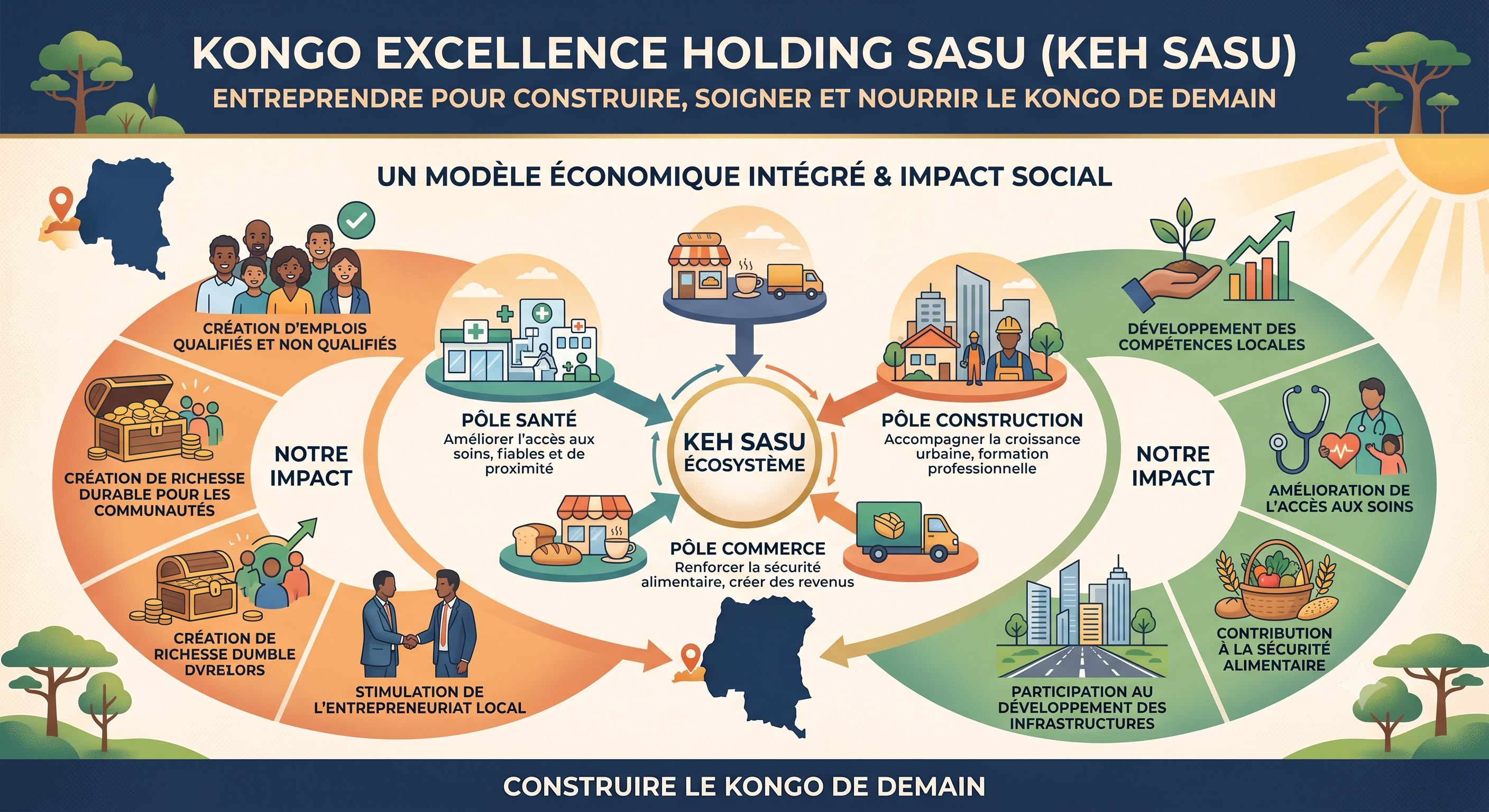 Schéma de l'écosystème Kongo Excellence Holding - Modèle économique intégré et impact social